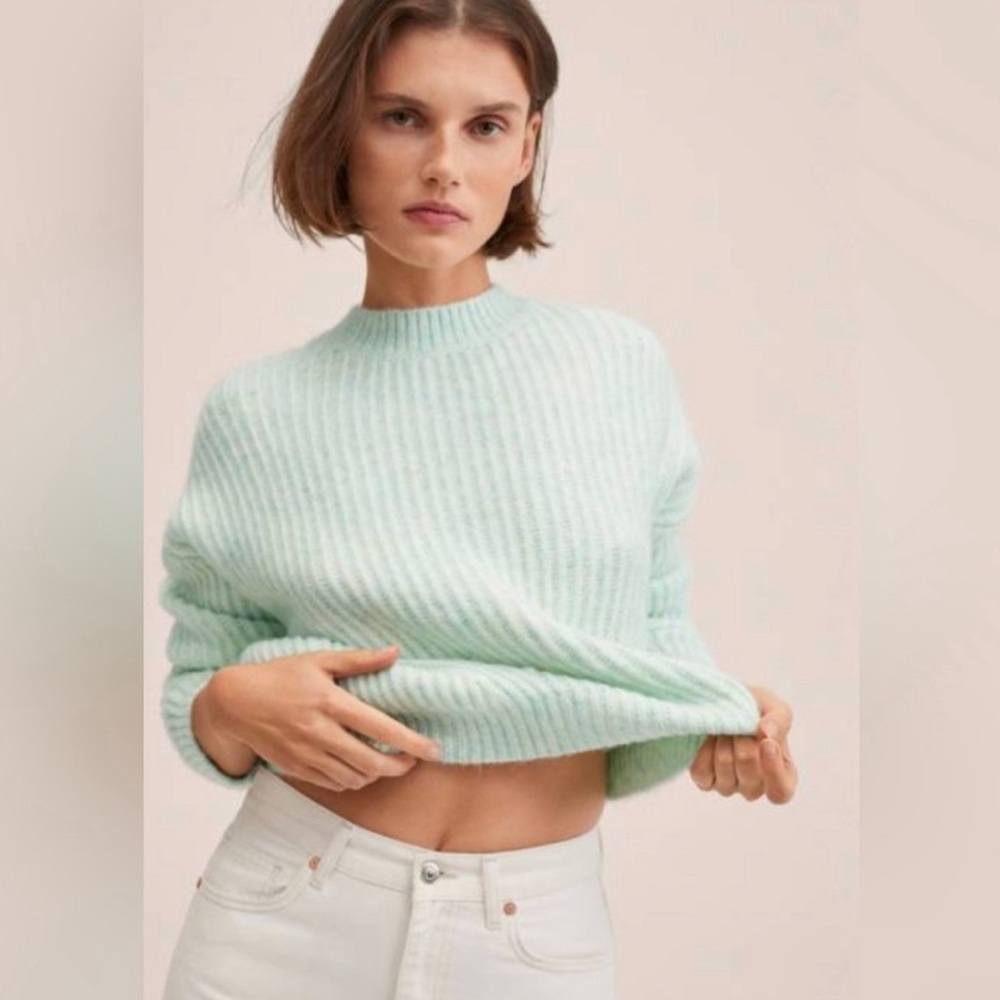 Mango Knit Antonio Pullover Crewneck Sweater Aqua Heathered Mint Green Large